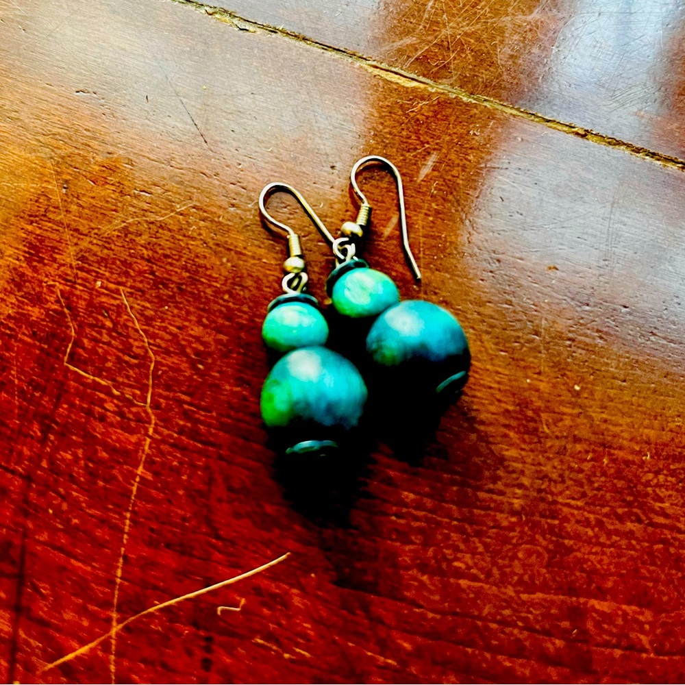 Elegant Teal Wooden Beaded Earrings